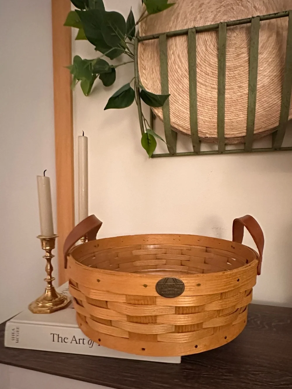 Vintage Peterboro Basket Co Round Woven Wood Basket Leather Handles USA